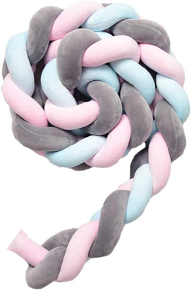 QINGLOU cot Bumper Braid Pillow,Baby Head Guard Bumper Knot Braid Pillow Cushion, Decorative Pillow for Baby Nursery Crib Bedding (Pink + Gray + Blue, 100cm)