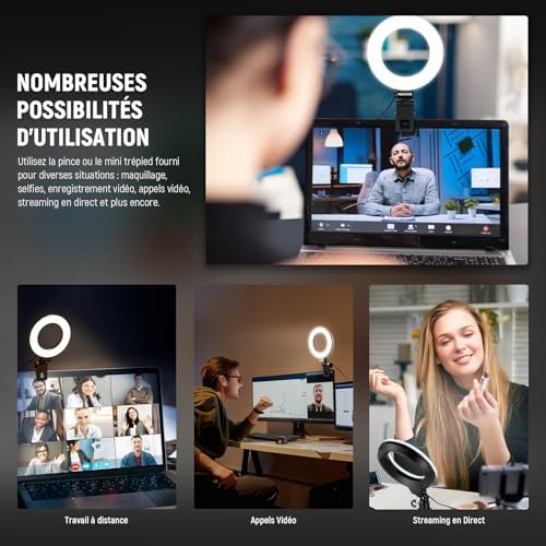 Basics Ring Light 5" avec Mini Trépied pour Vidéoconférence,Kit Streaming à Clipser pour Moniteur,Webcam,Ordinateur Portable Maquillage Selfies Enregistrement Vidéo Chiffon Nettoyage, BR60