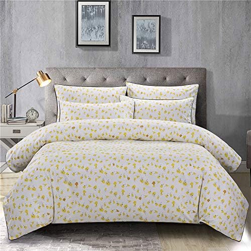 PinkMemory Yellow Floral Duvet Cover Set Queen Farmhouse Floral Bedding Set 100% Natural Cotton with Edge-Wrapping Strip Ultra Soft Breathable Durable-Yellow,Queen