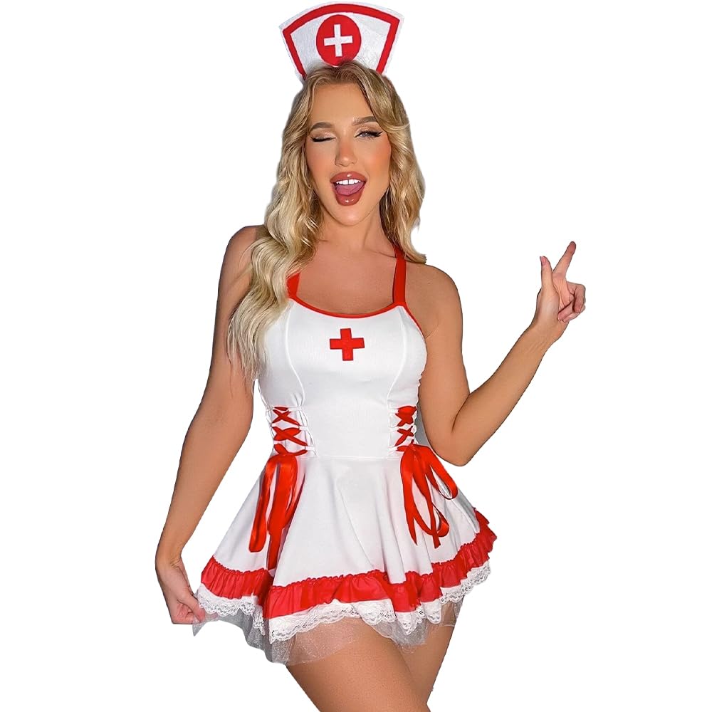 Satohom Women Lingerie Set Nurse Uniform Cosplay Costume Women Maid Outfit Nightwear Mini Tartan Skirt Fancy Dress for Halloween Nightclub Theme Party