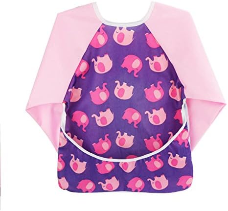 Unisex Infant Toddler Baby Waterproof Sleeved Bib Apron Waterproof Bib Overclothes Cute Baby Infant Eat&amp;Play Smock Bibs with Long Sleeves&amp;Pocket 6-24 Months (Red Elephant)