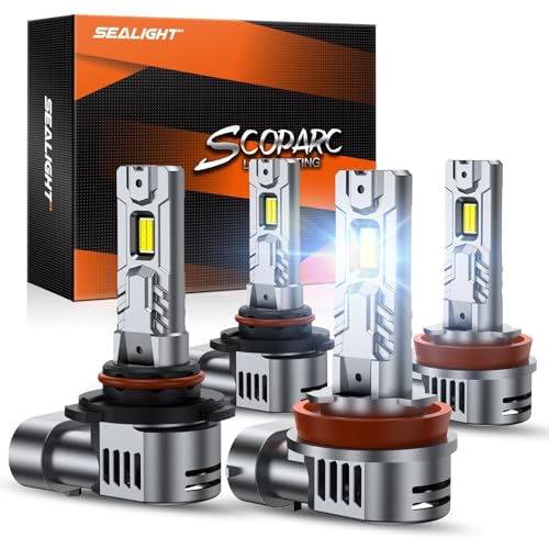 SEALIGHT S2S 9005/HB3 H11/H8/H9/H16 Light Bulbs Combo, 100,000LM Super Brighter, 6500K Pure White 9005 H11 Fog Bulbs with 25000RPM Cooling Fan, 70K+ Hours Lifespan, 4-Pack for Cars/Trucks/SUVs