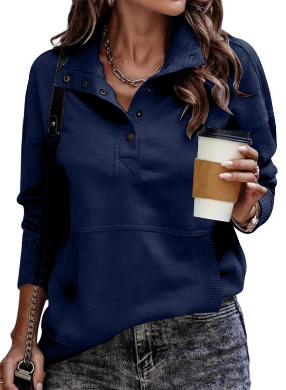 Photo 1 of ****SIMILAR ITEM**** SHEWIN Womens Sweatshirt Casual Long Sleeve Lightweight Sweatshirts Loose Button V Neck Pullover Tops Fall Clothes for Women 2025,US 12-14(L),Navy Blue