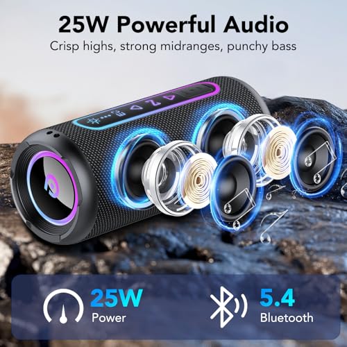 Bluetooth Speaker 5.4, 25W Powerful Portable Bluetooth Speaker with Powerful Bass, 24H Battery Life, RGB Light, TWS Stereo Wireless Speaker, IPX7 Waterproof, Speaker for Parties Travel, AUX/TF