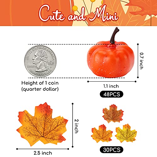 HAKACC 48 PCS Mini Fake Pumpkins Mini Artificial Pumpkins with 30 PCS Fake Maple Leaves, Small Cute Realistic Foam Pumpkin for Halloween Decoration, Fall Harvest Thanksgiving Party Decoration