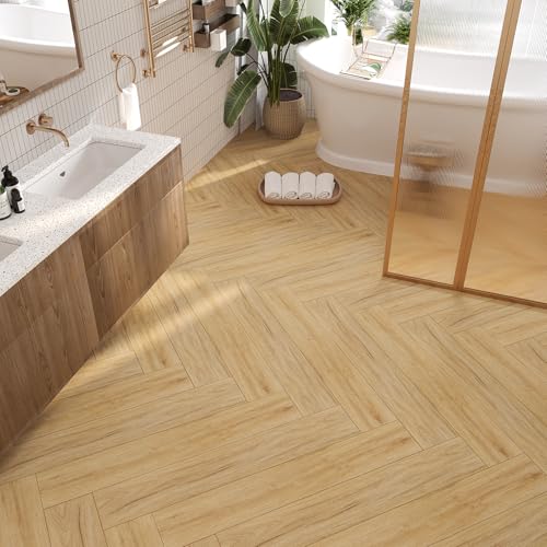 VEELIKE Vinyl Sheet Flooring Stick on Floor Tiles Waterproof Self Adhesive Cottage Oak Light Brown Wood Look Planks 16 Pack 24 Sq.Ft. 6x36 Inch for Kitchen Bathroom Bedroom Renters Home Decor