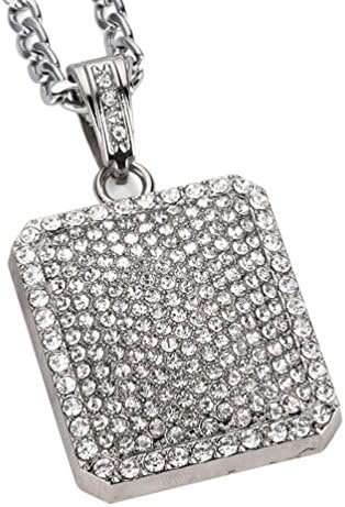 Secba Mens Full Iced Out Rhinestone Square Tag Pendant Cuban Chain Hip Hop Necklace (D)