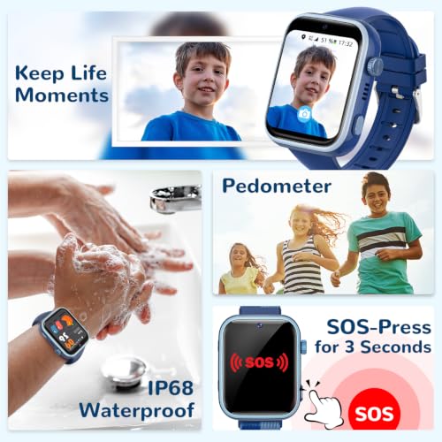 AIMIUVEI 4G Montre Connectée Enfants avec Appels, Appels Vidéo, Chat Vocal, WiFi, GPS, SOS, SMS, Étanche IP68, Mode École et Podomètre, Smartwatch Enfants avec Écran HD 1,83'' Bleu