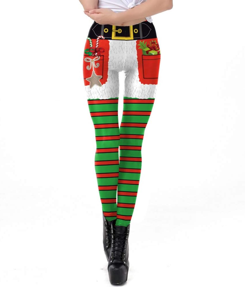 CKUZI 3D-Druck Yoga-HosenWeihnachtsgamaschen Rot Grün Gestreifter Druck