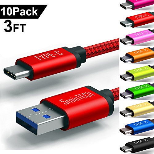 [10 PACK] - Assorted Colors 3FT USB Type C Cable Nylon Braided Charging Charger Cord Cable Data Sync for Samsung Galaxy S8,Note 8,GooglePixel,LG v20 v30,Nexus 6P,Nintendo Switch,Macbook