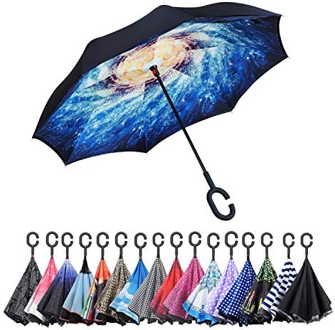 AWEOODS Inverted Umbrella Windproof Reverse Folding Double Layer Travel Umbrella with C Shape Handle