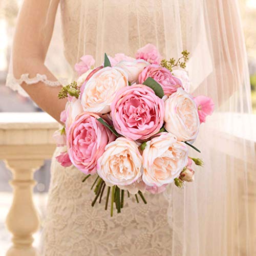 Artiflr Peonies Artificial Flower Bouquet, 5 Heads Peonies Silk Flowers Wedding Peony Flowers Bouquet Arrangement for Home Decor Party Floral Centerpieces Decoration(Pink Champagne)
