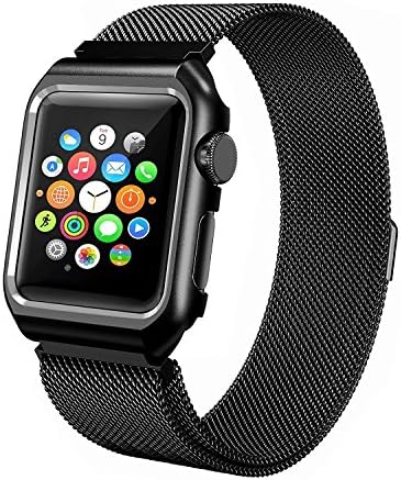 Apple Watch Band Milanese Loop, VIPPLUS Stainless Steel Wristband Magnetic Mesh Band with Protective Bumper Case Metal Frame for Apple Watch Series 1/2/3 iWatch Replacement Strap (Black 42mm)