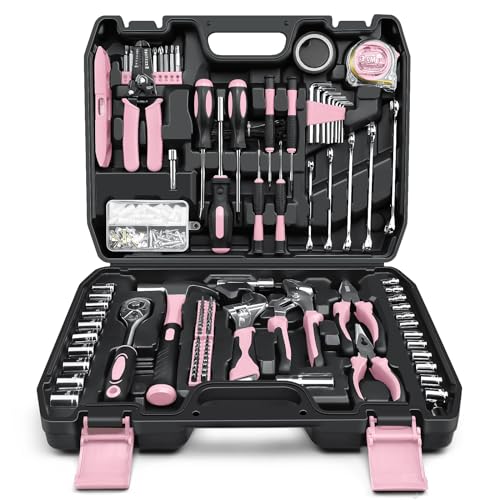 Sundpey Complete Tool Box 281 Pieces - Portable Tool Set with Ratchet Wrench Set Screwdriver Set Metric Hex Wrenches Pliers Pink