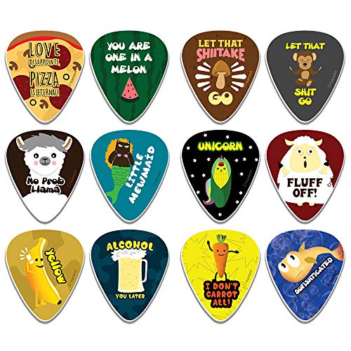 Creanoso Novelty Plectrum Guitar Picks (12-Pack) - Premium Music Gifts & Guitar Accessories for Musicians – Medium Gauge Celluloid – Great Guitar Tool for Muscle Bound Musicians.