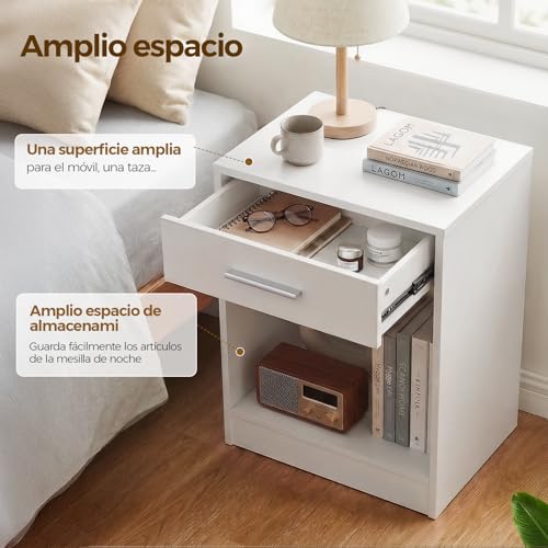 OSLIFE Juego de Buros para Recamara Minimalista,Par de Modernos Mesa de Noche Blanco,Mesa con Cajones,Side Table Pequeño,Estantería Abierta,Armarios Esquineros y Armarios de Almacenamiento(2 Pieza)