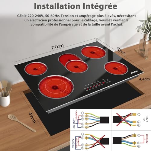 Cooksir Ceramic Hob 5 Burners with Frame, Built-in Electric Hob, 77 cm, Infrared Heat, 8400 Watt, Oval Zone for Grill, Ceramic Glass, Timer, 230V, 50Hz Built-in