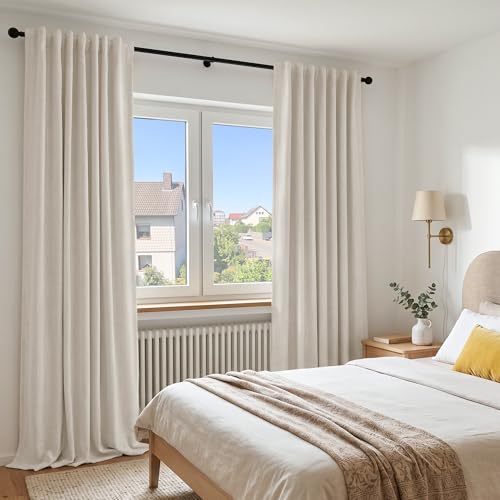 DEFYNEE 100% Blackout Curtains with Concealed Tabs, Linen Look Set of 2 Opaque Curtains Rod Pocket for Bedroom or Living Room - H245 x W140 cm, Cream