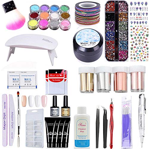 Poly Nail Gel Nail Builder Set, Gel Extension Nail Kit Nail Enhancement Builder, All in 1 Poly Nail Gel Kit with UV Lamp, Poly Gel, Rhinestone Gel, Matte Nail Foil, Top Coat & Base Coat & Other Tools