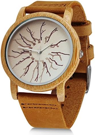 Bamboo Wooden Watch,Handmade Analog Quartz Genuine Leather Strap,Unisex Wrist Watch