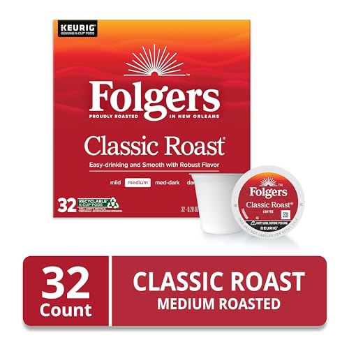 FOLGERS CLASSIC ROAST COFFEE, MEDIUM ROAST, K CUP PODS FOR KEURIG COFFEE MAKERS, 32COUNT