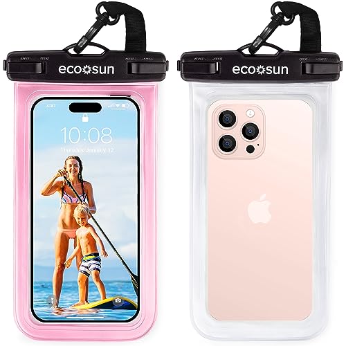 Eco Sun Waterproof Phone Pouch (2-Pack) — Designed in Hawaii — Case Fits All iPhones (incl. 17 Pro Max), Samsung Galaxy S24 & More (Pink/Clear)