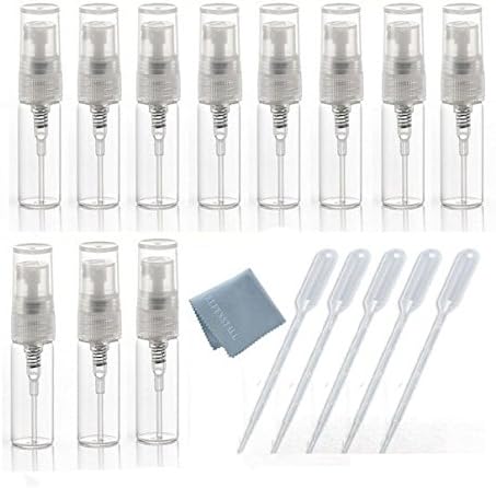 Elfenstal- 10pcs 20pcs Mini Clear 3ml 5ml 1/6OZ Atomizer Fine Mist Empty Glass Bottle Spray Refillable Fragrance Perfume Scent Sample Bottle Clean Cloth for Travel Party Makeup Tool Free 3ml Pipette