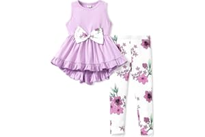 PATPAT Toddler Girl 2 Piece Pants Set Sleeveless Ruffle Hem and Floral Pants Leggings Set for Girls