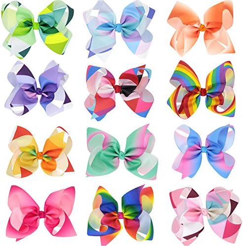 6 inches Rainbow Hair Bows for Girls Large Big Grosgrain Ribbon Boutique Rainbows Hair Bow Clips For Kids Toddlers Teens Children Gifts Set of 12