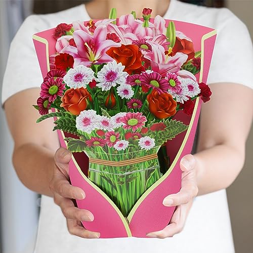 STFALI Paper Flowers Pop Up Cards, 3D Flower Birthday Cards Roses & Carnations & Daisies & Lilies, 12 inch Life Sized, Forever Flower Bouquet Graduation Cards with Note Card and Envelope