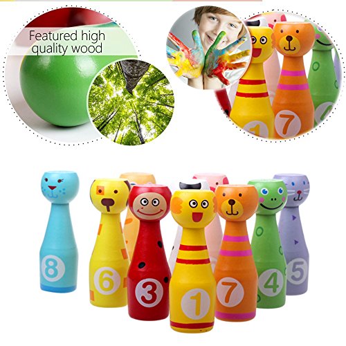 Joqutoys Wooden Bowling Play Set Indoor Activity with 10 Animal Pins 2 Balls Educational, Early Developmental Toy for Kids 2 3 4 5 Years and Up