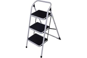 VOLOWOO Folding 2/3/4 Step Ladder,Step Ladder Stool with Convenient Handgrip Anti-Slip Sturdy and Wide Pedal 330lbs Portable Steel Step Stool,Yellow (3-Step,Black & White)