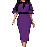 IbuduSexy Church Dresses for Women 2026 Elegant Ruffled Midi Work Dress Bow Tie