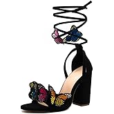 JOEupin Women's Strappy Chunky Heels Sandals 3 inch Butterfly Lace Up Ankle Wrap Heel Wedding Bridal Heeled Sandals Shoes