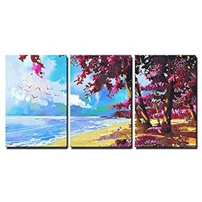 Pink Trees on The Beach Summer Landscape Illustration x3 Panels