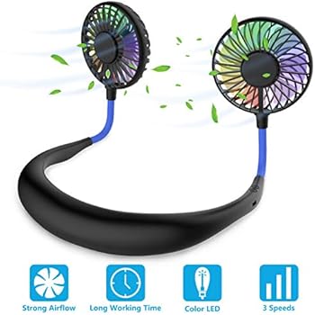 Hands Free Portable Neck Fan - Rechargeable Mini USB Personal Fan Battery Operated with 3 Level Air Flow, 7 LED Lights for Home Office Travel Indoor Outdoor (Black+Blue)