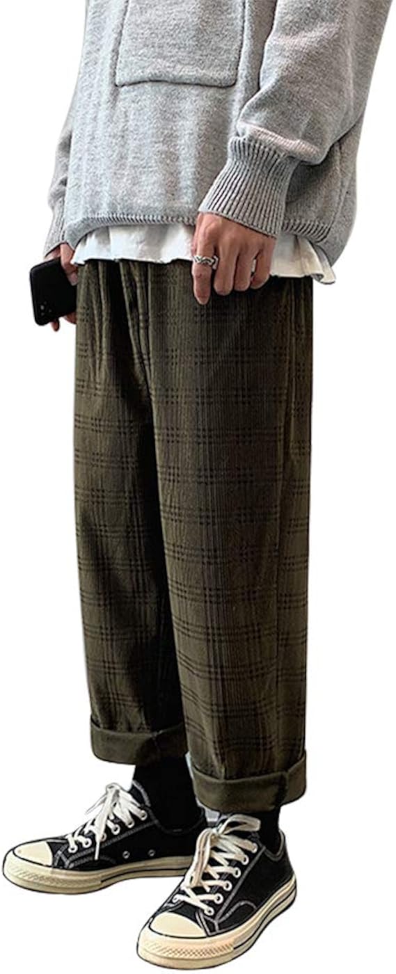 Amazon ｓｅｍｏ１ｍｕｓワイドテーパードパンツ メンズ グレンチェック テーパードパンツ ロングパンツ チェック柄 厚手 ゆったり 春秋 冬 ロングパンツ 通販