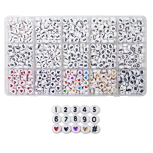 WangLaap 750Pcs Number Heart Beads Acrylic 4x7mm Round Beads for Bracelets Neckless Friendship Jewelry DIY Making (15Grids)