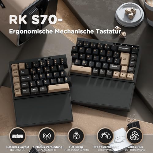 RK ROYAL KLUDGE S70 Gaming Keyboard Wireless Mechanical Ergonomic Split Design Keyboard QWERTZ with Wrist Rest, Bluetooth/2.4G/USB-C, RGB Lighting, Hot-Swap Linear Creamy Switches