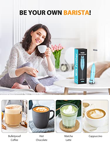 Vewaci Milk Frother Handheld, Stepless Speed Electric Milk Foamer for Coffee, Type-C Rechargeable Portable Drink Mixer for Cappuccino/Latte/Frappe/Hot Chocolate/Protein Powder/Matcha (Sky Blue)