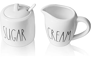 CHONIC Sugar and Creamer Set, Cream Container and Sugar Holder Set for Coffee Bar, Farmhouse Sugar Bowl with Lid and Spoon, Ceramic Sugar Dispenser and Creamer Pitcher Set for Countertop (White)