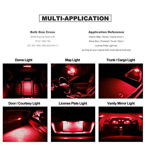 DODOFUN CANBUS BA9S Red Extra Bright Car Interior Exterior Replacement Bulb Bayonet Base BA9 53 57 1445 1895 64111 Size Reading Map Dome Side Door Courtesy LED Light 12V 24V (Pack of 4)