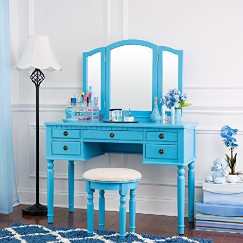 Fineboard FB-VT01-BLV Dressing Stool, Grooming Station, Hair Care Accessories Table, Three Mirror Vanity Set, 5 Organization Drawers, Blue