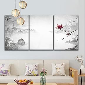 3 Panel Canvas Wall Art - Chinese Ink Painting Landscape with Mountains and River and a Magnolia Flower - Giclee Print Gallery Wrap Modern Home Art Ready to Hang - 16"x24" x 3 Panels