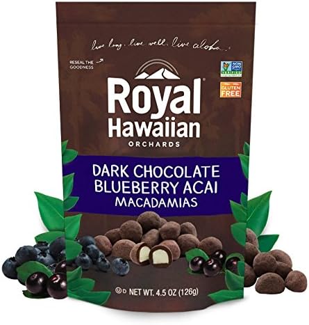 Royal Hawaiian Orchards Dark Chocolate Blueberry Acai Macadamia Nuts, Pack of 6/4.5 Ounce Bags