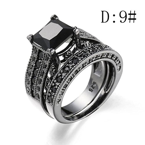 Auwer Rings, 2-in-1 Womens Vintage White Diamond Silver Engagement Wedding Band Ring Set (US Size 6, Black)