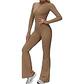 GOYLPNP Women Workout Flare Jumpsuit Zip Up Romper Bottom Fleece Lined Long Sleeve One Piece Tummy Control Yoga Outfits