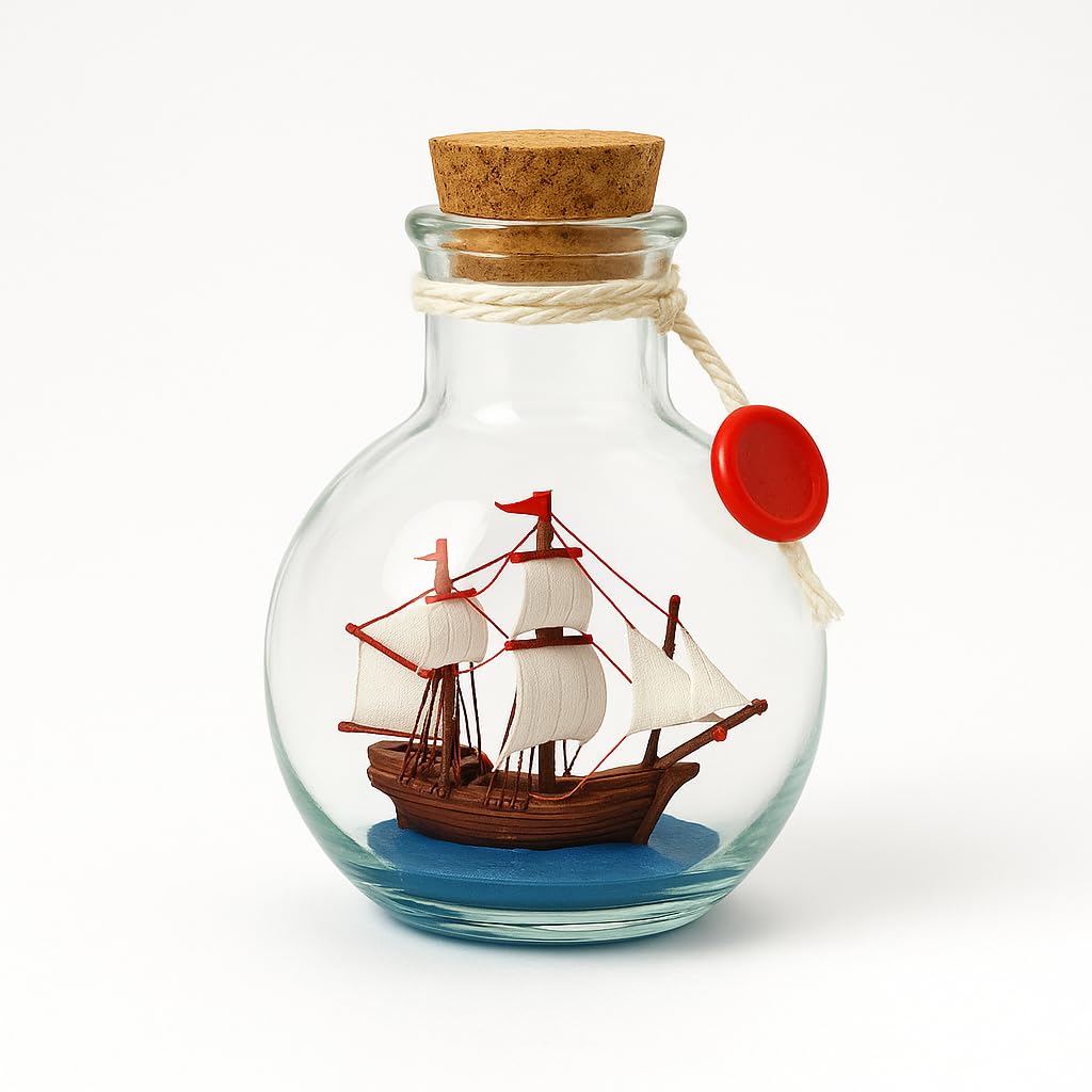 Heiko Blume Digging Ship in Glass - Mini "Ship in the Bottle" in Round Glass Bottle with Cork & Cord - Maritime Decoration, 10 cm High, 7.5 cm Diameter - Gift Idea for North Sea / Baltic Sea Fans
