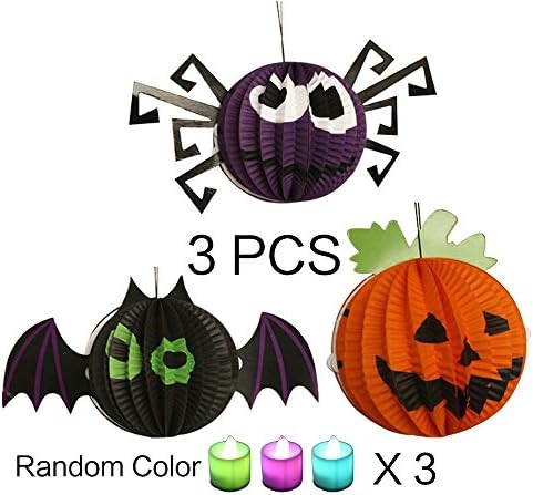 Halloween decorations handing paper lanterns with LED candles 3 packs - pumpkin-bats-spiders