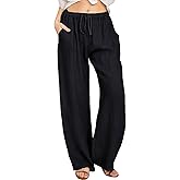 ebossy Women's Cotton Linen Pants Elastic High Waist Drawstring Wide Leg Lounge Palazzo Yoga Trousers